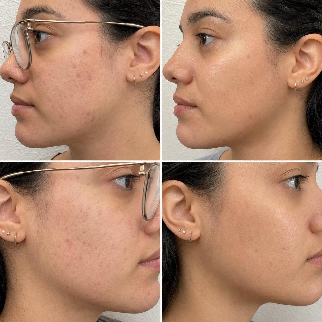 Antes y después de piel con acné y manchas post-acné, resultados con rutina personalizada