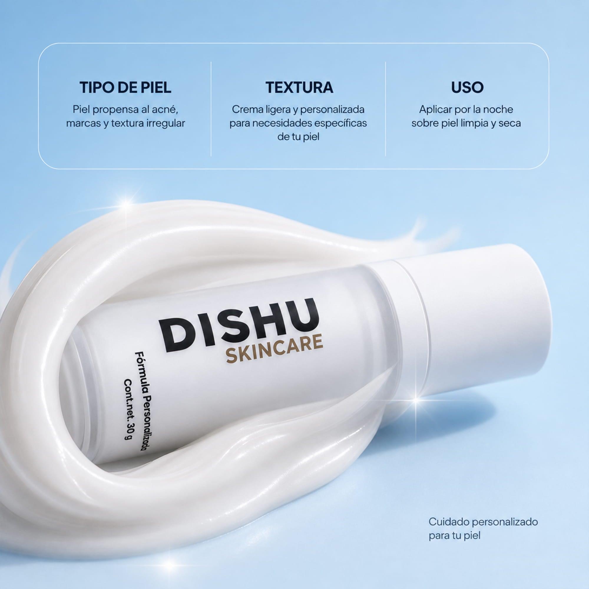 Crema ligera personalizada Dishu para piel propensa al acné y manchas, fórmula específica para tu tipo de piel
