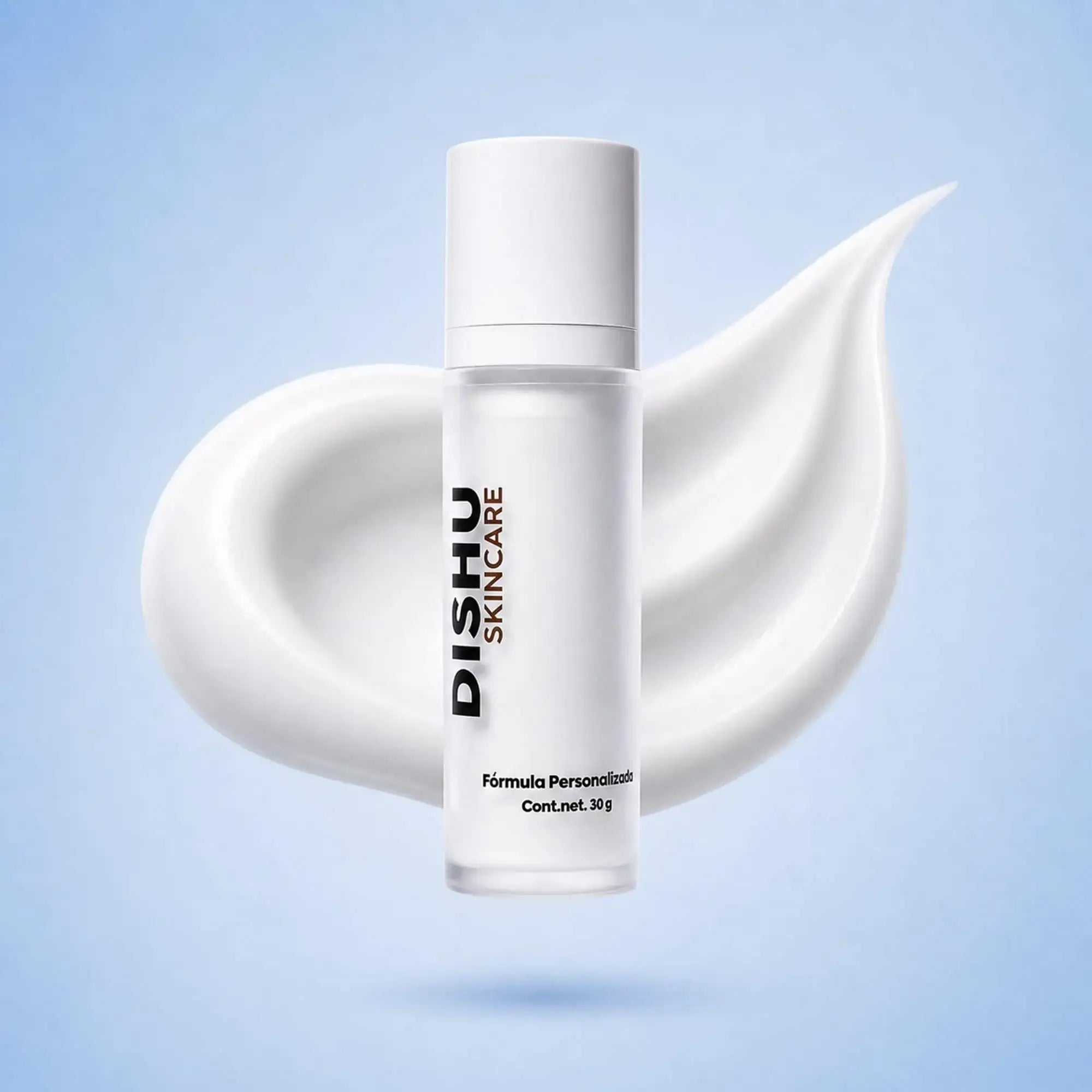 Fórmula personalizada Dishu Skincare para rutina de cuidado facial, con textura suave y ligera
