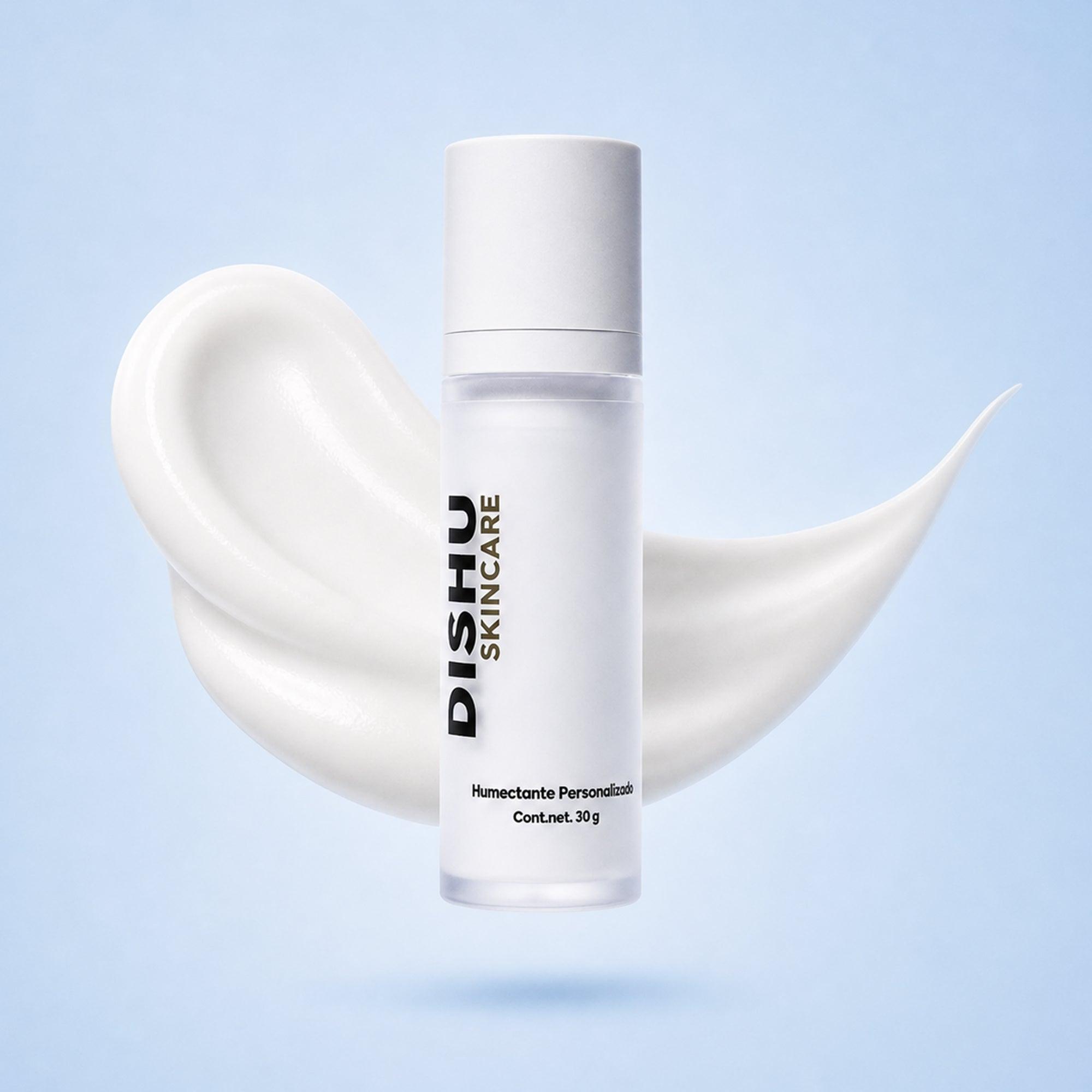 Humectante personalizado Dishu Skincare para piel sensible, con textura suave y fórmula amigable
