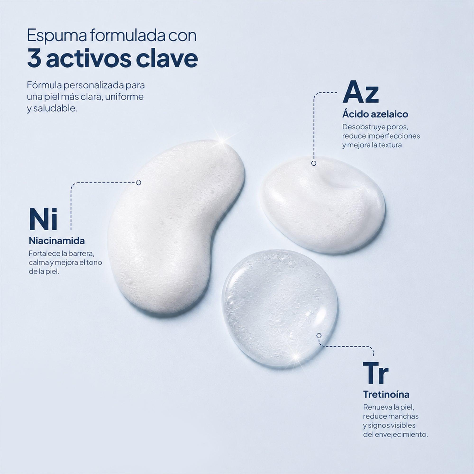 Espuma con 3 activos clave: ácido azelaico, niacinamida y tretinoína para piel clara y uniforme