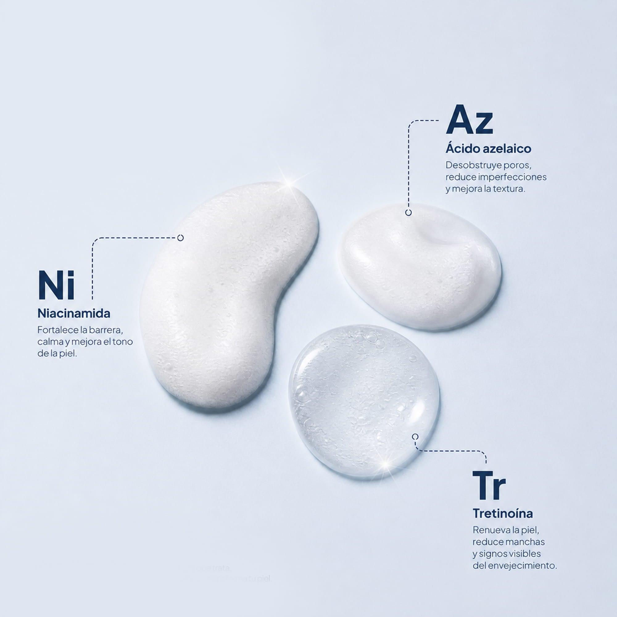 Gotas de serum con niacinamida, ácido azelaico y tretinoína para piel sensible y manchas