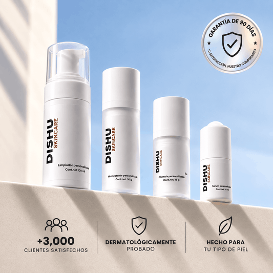 Rutina personalizada Dishu con limpiador, humectante, fórmula y serum para piel sensible y acné